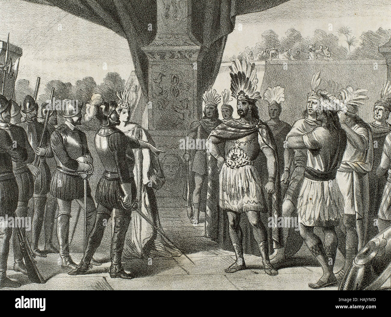 Moctezuma II (c. 1466 - 29 giugno 1520). Nona tlatoani o righello di Tenochtitlan, che regna dal 1502 al 1520. Hernan Cortes prende prigioniero Moctezuma II. Incisione, 1875. Foto Stock