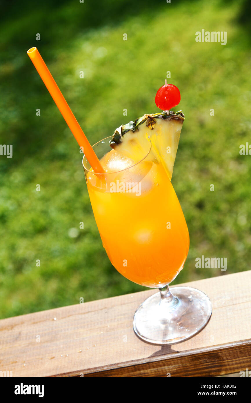 Bicchiere di orange cocktail tropicale su erba verde sullo sfondo Foto Stock
