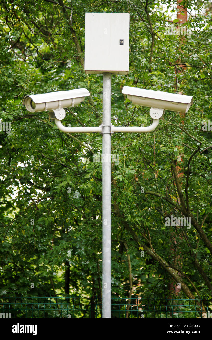 Guardando la telecamera per la sicurezza nel parco della città Foto Stock