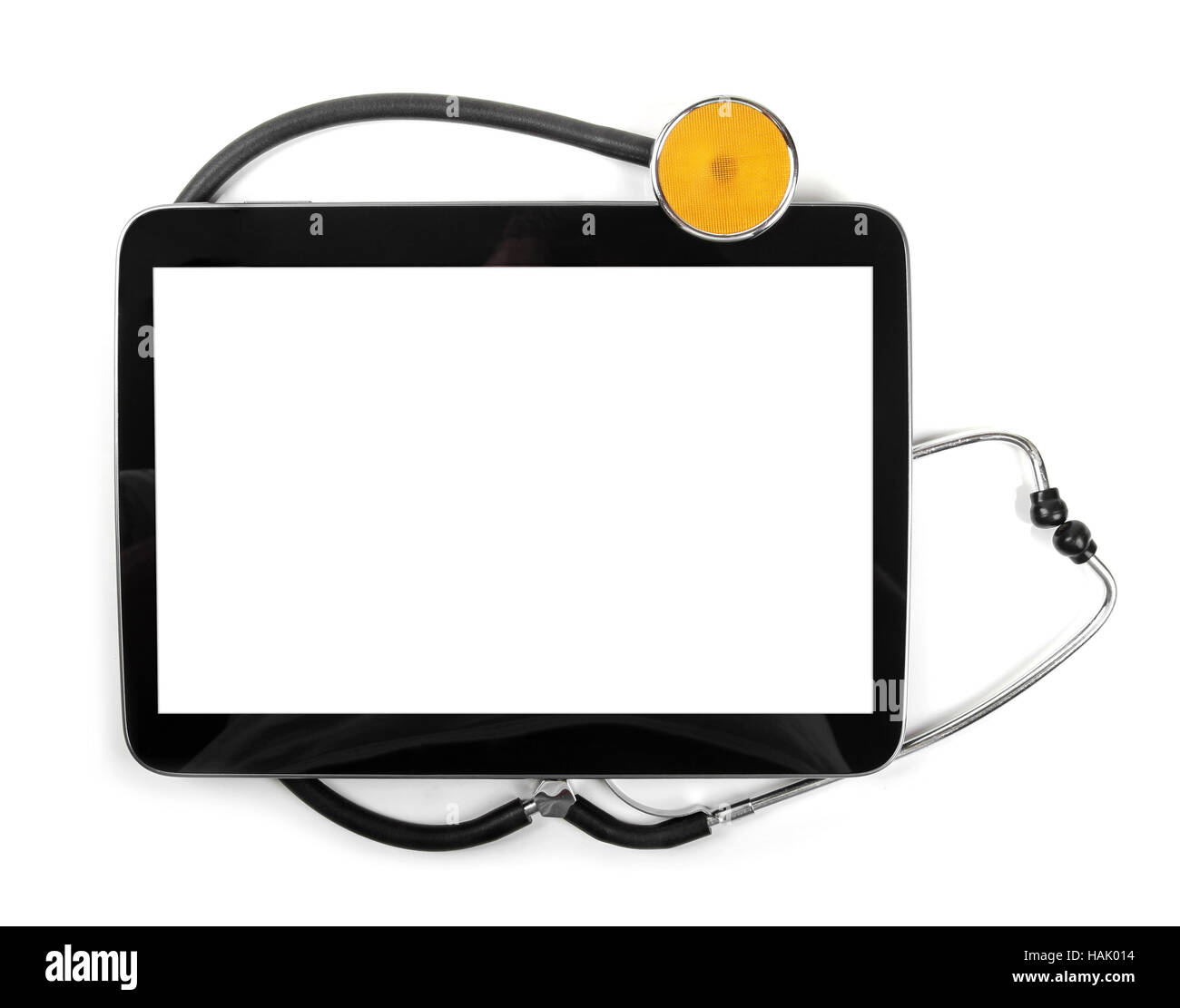 Blank tavoletta digitale e uno stetoscopio isolato su bianco Foto Stock
