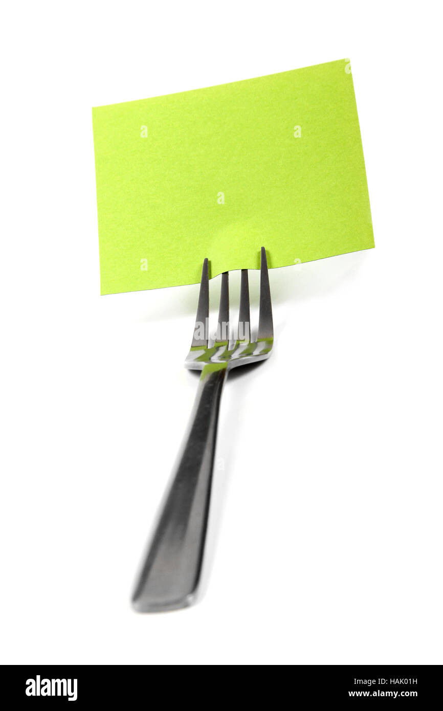 Forcella con carta bianca card isolato su bianco Foto Stock