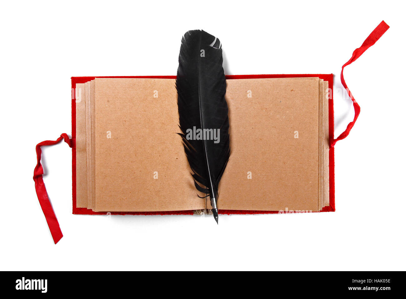 Quill sul vecchio libro bianco isolato su bianco Foto Stock