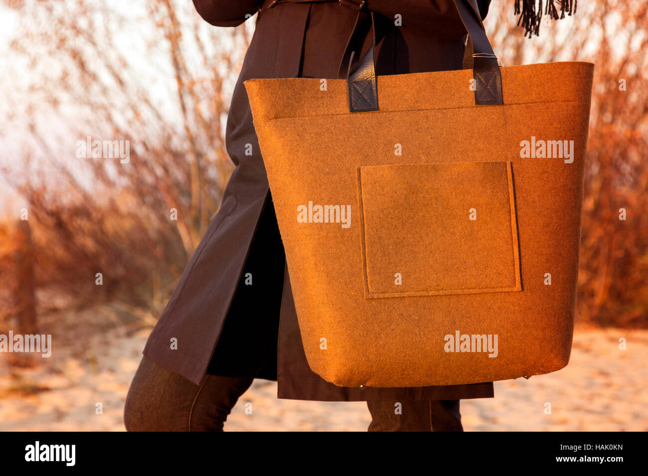 Vista dettagliata del feltro marrone borsa donna in mano Foto Stock