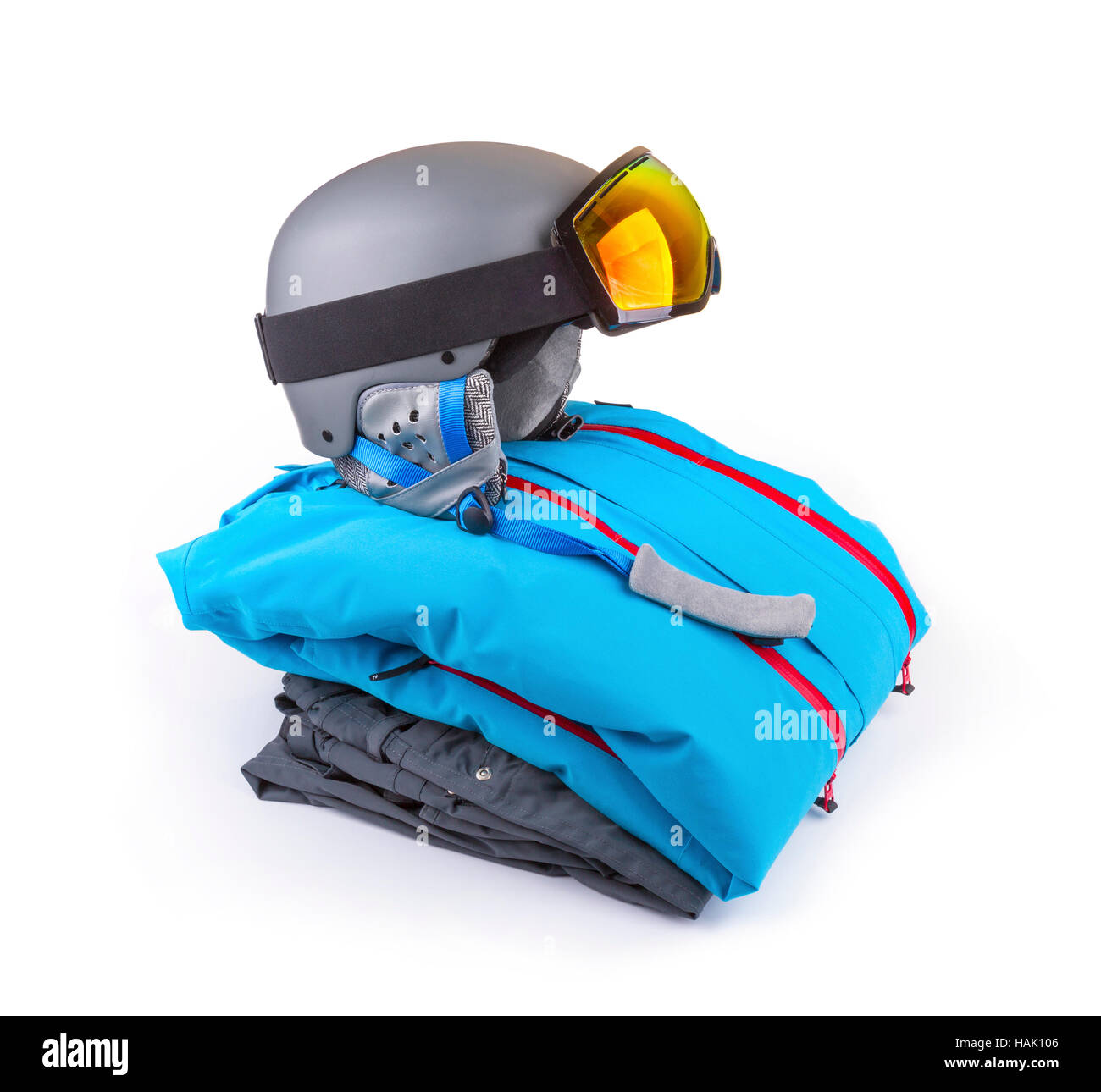 Snowboard, abbigliamento sci set isolato su bianco Foto Stock