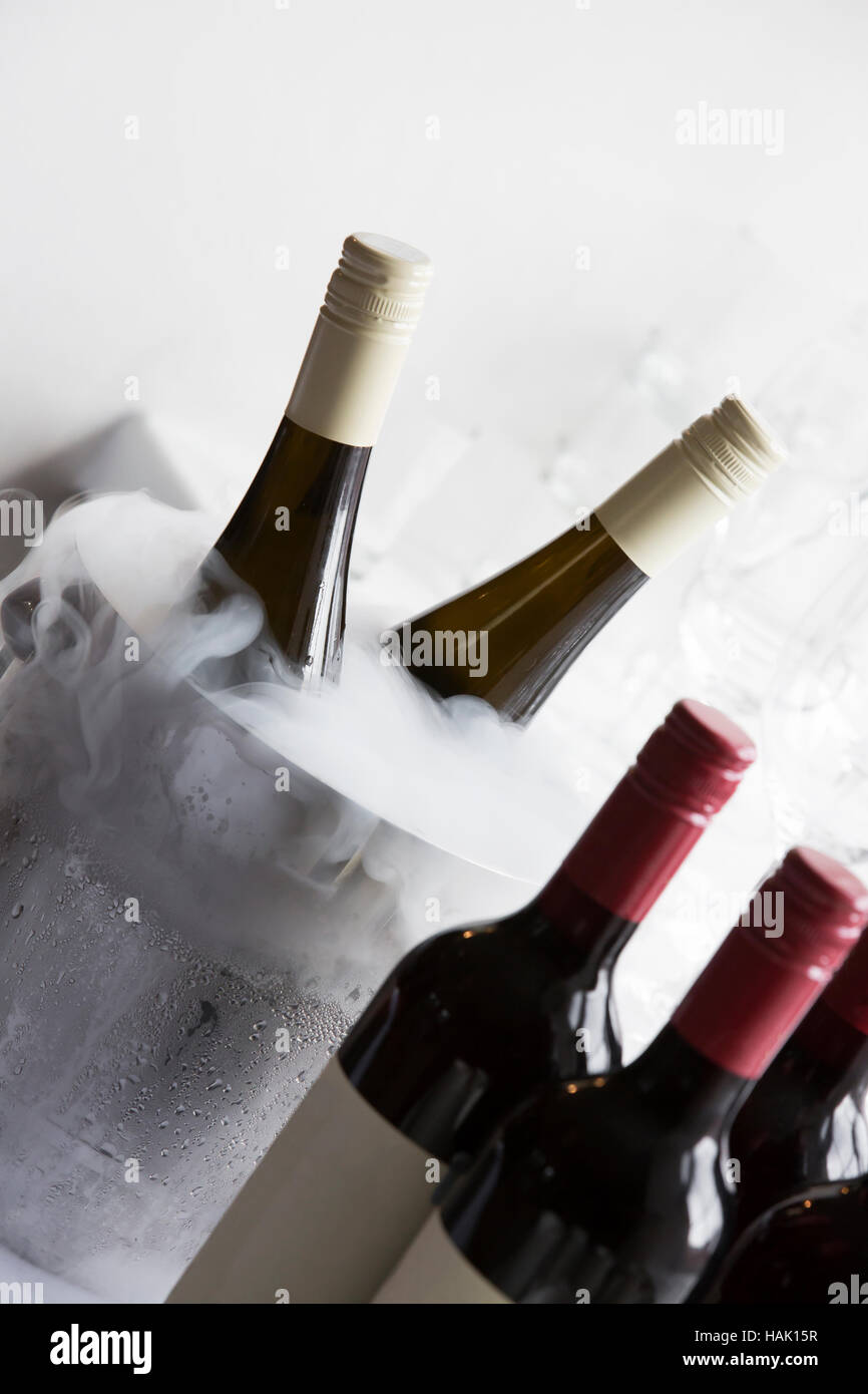 Benna con azoto liquido e le bottiglie di vino Foto Stock