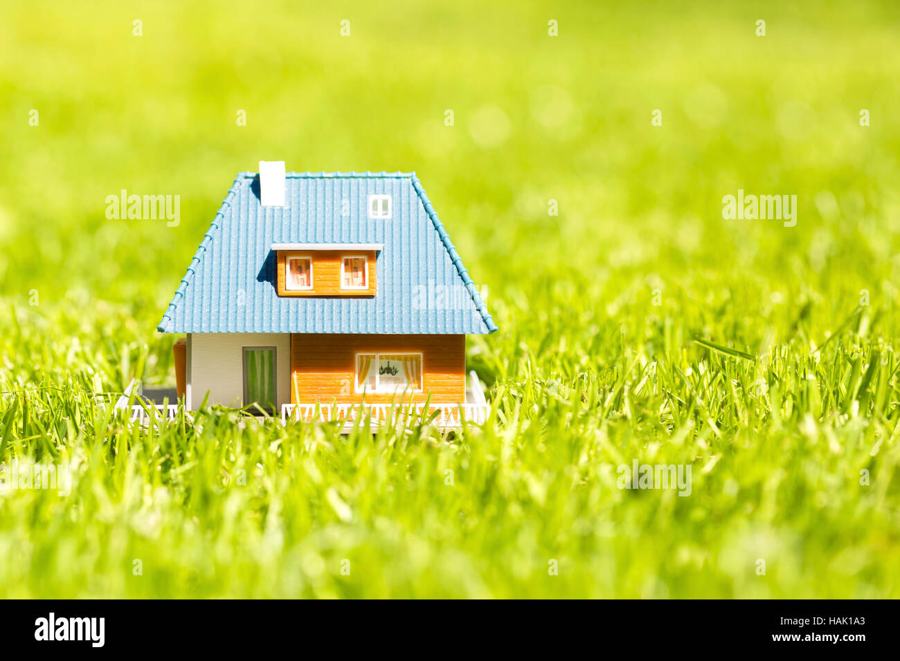 Casa modello in scala su erba verde con spazio di copia Foto Stock