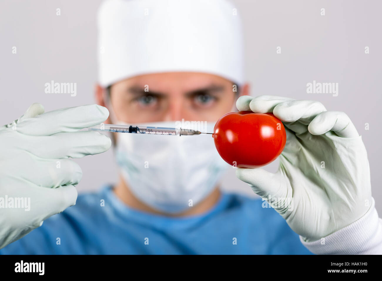 Concetto di OGM - scienziato effettuare l'iniezione in pomodoro con siringa Foto Stock