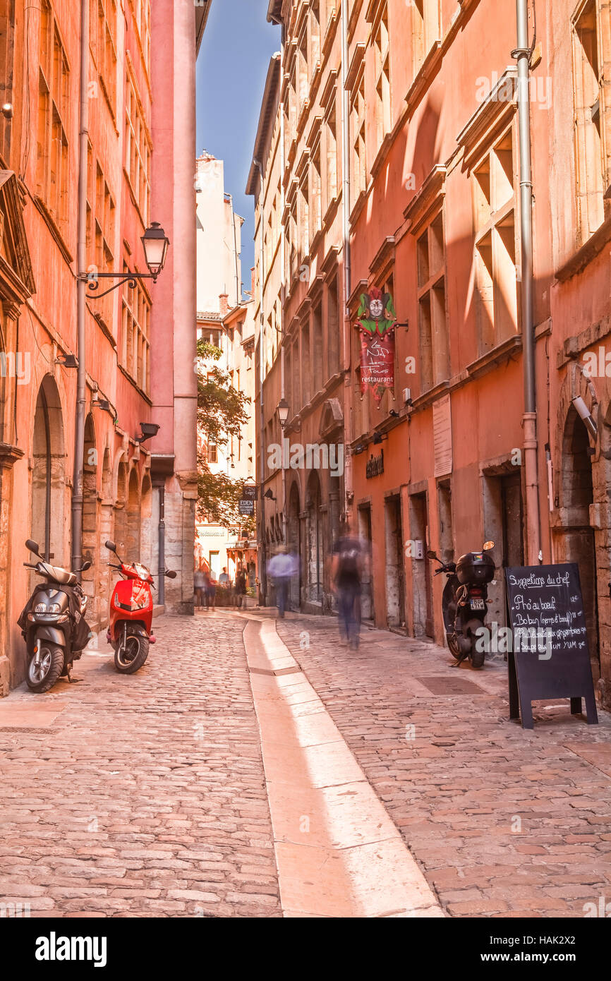 Le strette strade di Vieux Lyon, Francia. Foto Stock