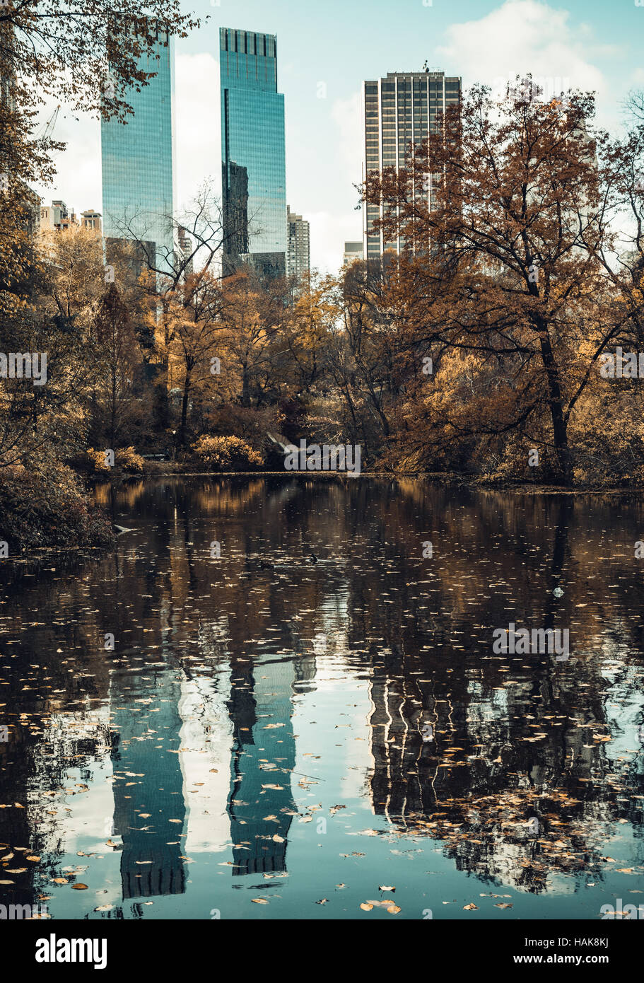 Le riflessioni di grattacieli di Central Park Foto Stock