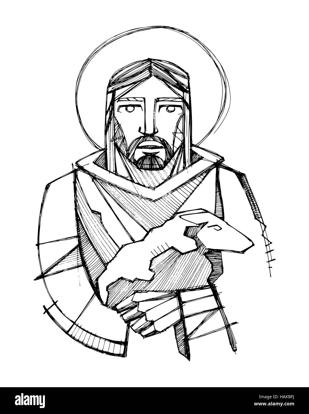 Disegnata a mano illustrazione vettoriale o di disegno di Gesù Cristo come Buon Pastore che porta una pecora Foto Stock