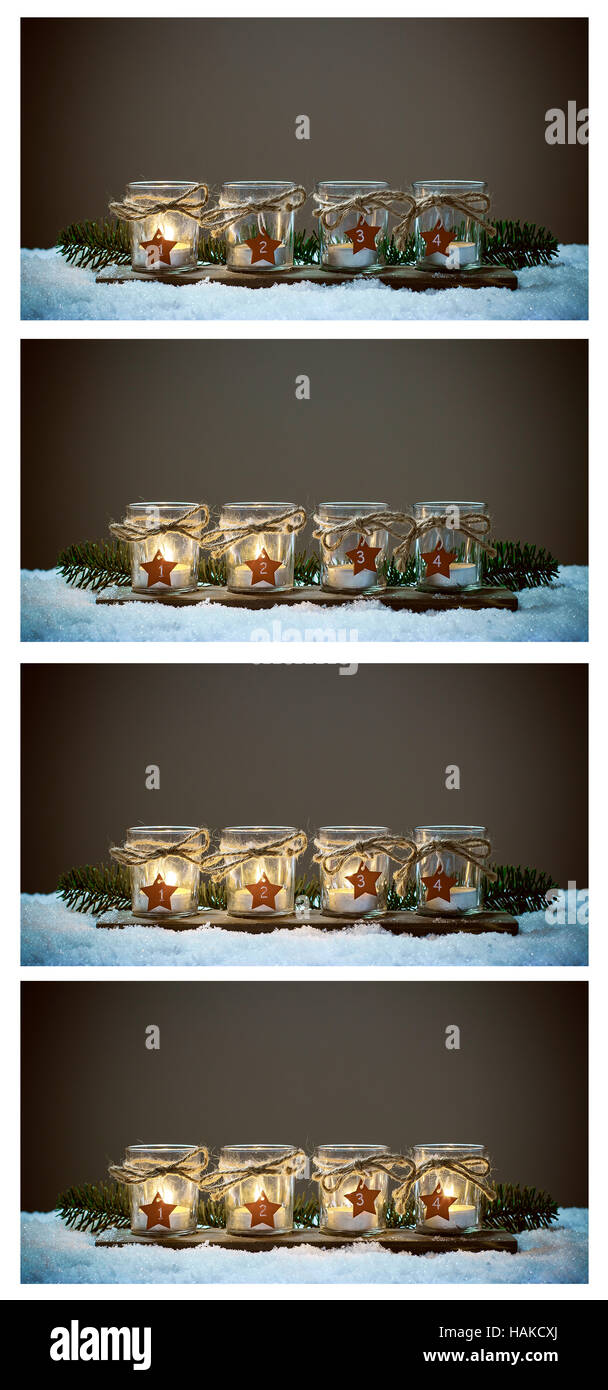 Quattro candele di Avvento nella neve, collage Avvento Foto Stock