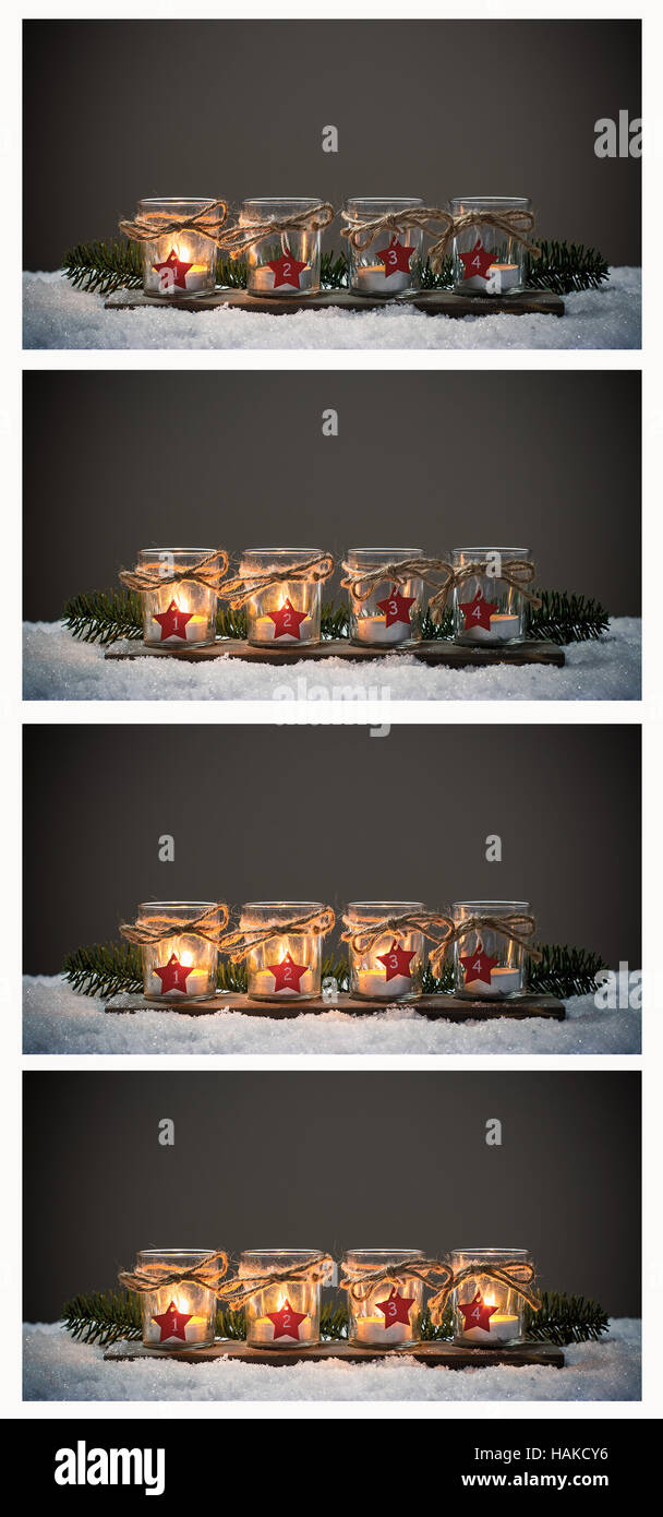 Quattro candele di Avvento nella neve, collage Avvento Foto Stock