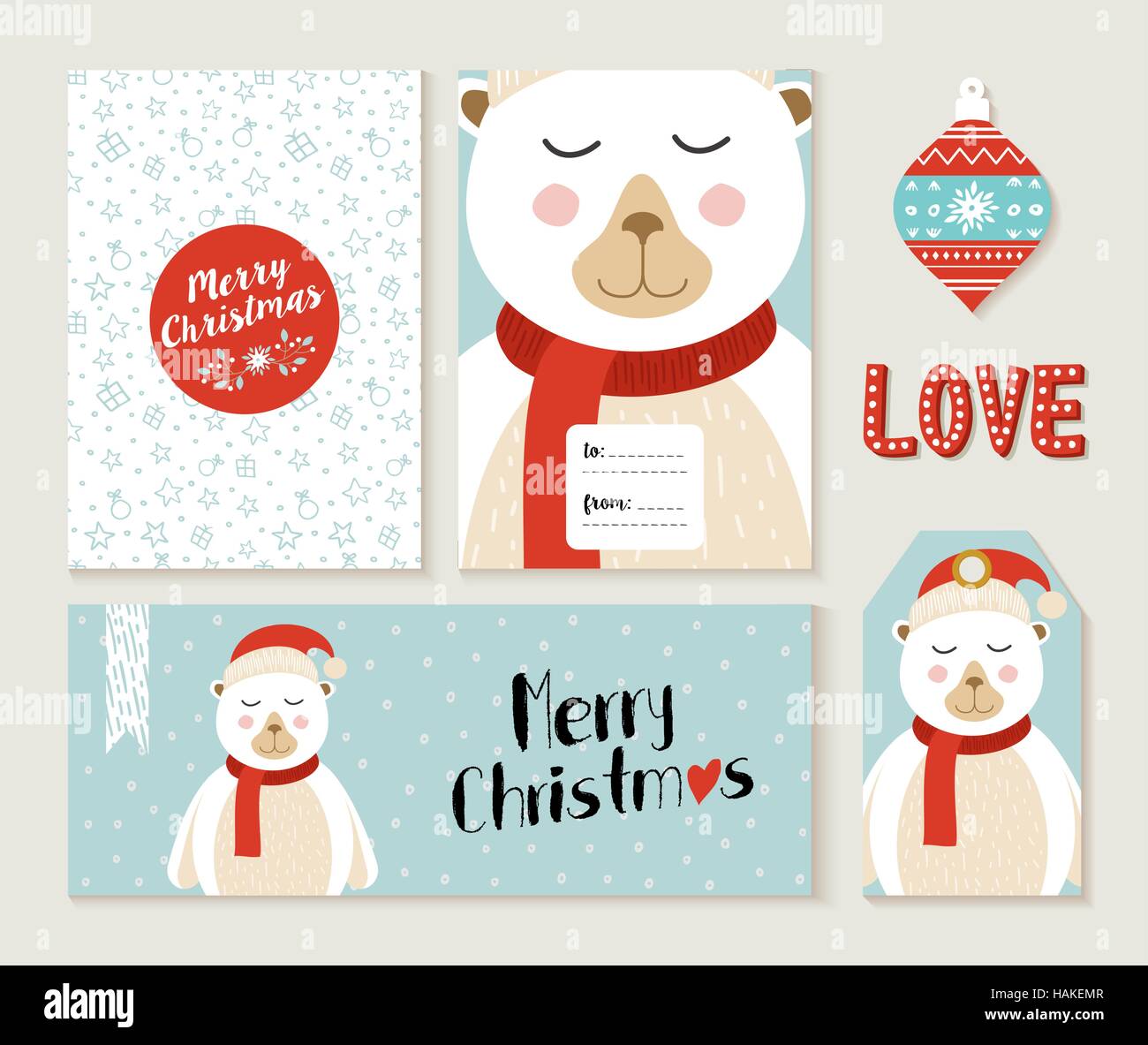 Set di carino Merry Christmas greeting card decorazione design. Intestazione, etichetta e dono del modello di tag con orso polare illustrazione. EPS10 vettore. Illustrazione Vettoriale