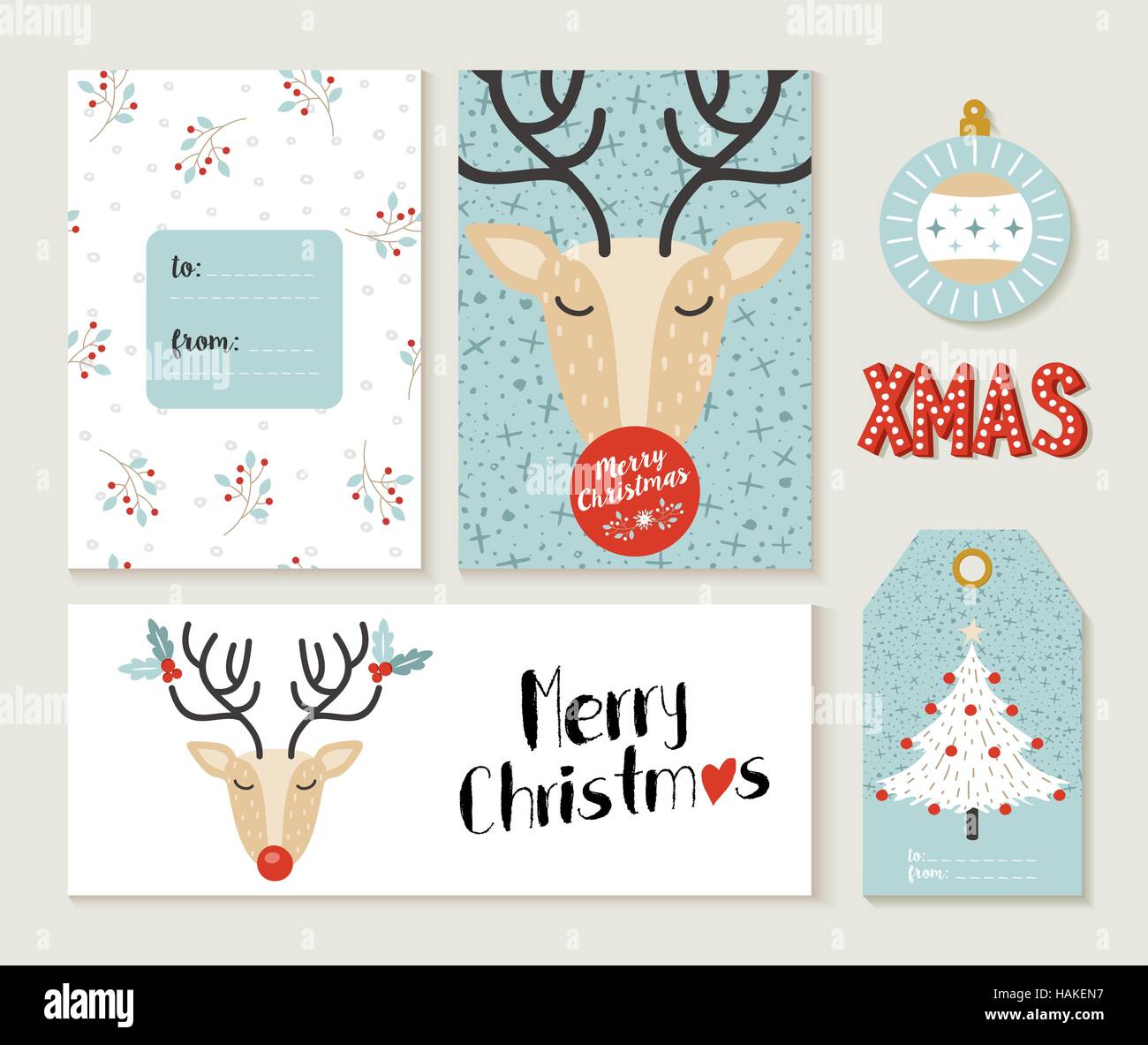 Set di carino Merry Christmas greeting card decorazione design. Intestazione, etichetta e dono del modello di tag con illustrazione delle renne. EPS10 vettore. Illustrazione Vettoriale