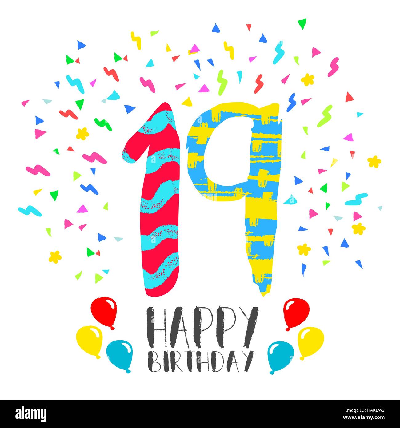 Buon Compleanno Numero 19 Biglietto Di Auguri Per Diciannove Anni Di Divertimento In Stile Arte Con Party Coriandoli Anniversario Invito Congratulazioni O Celebrazione Immagine E Vettoriale Alamy