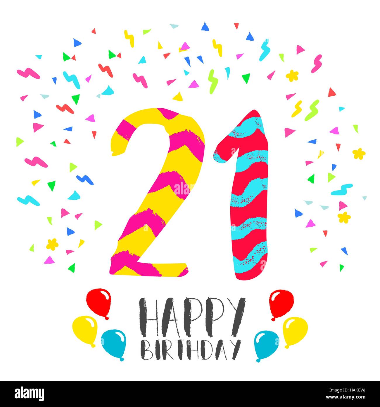 Buon compleanno numero 21, biglietto di auguri per venti un anno di divertimento stile arte con party coriandoli. Anniversario invito, congratulazioni Illustrazione Vettoriale