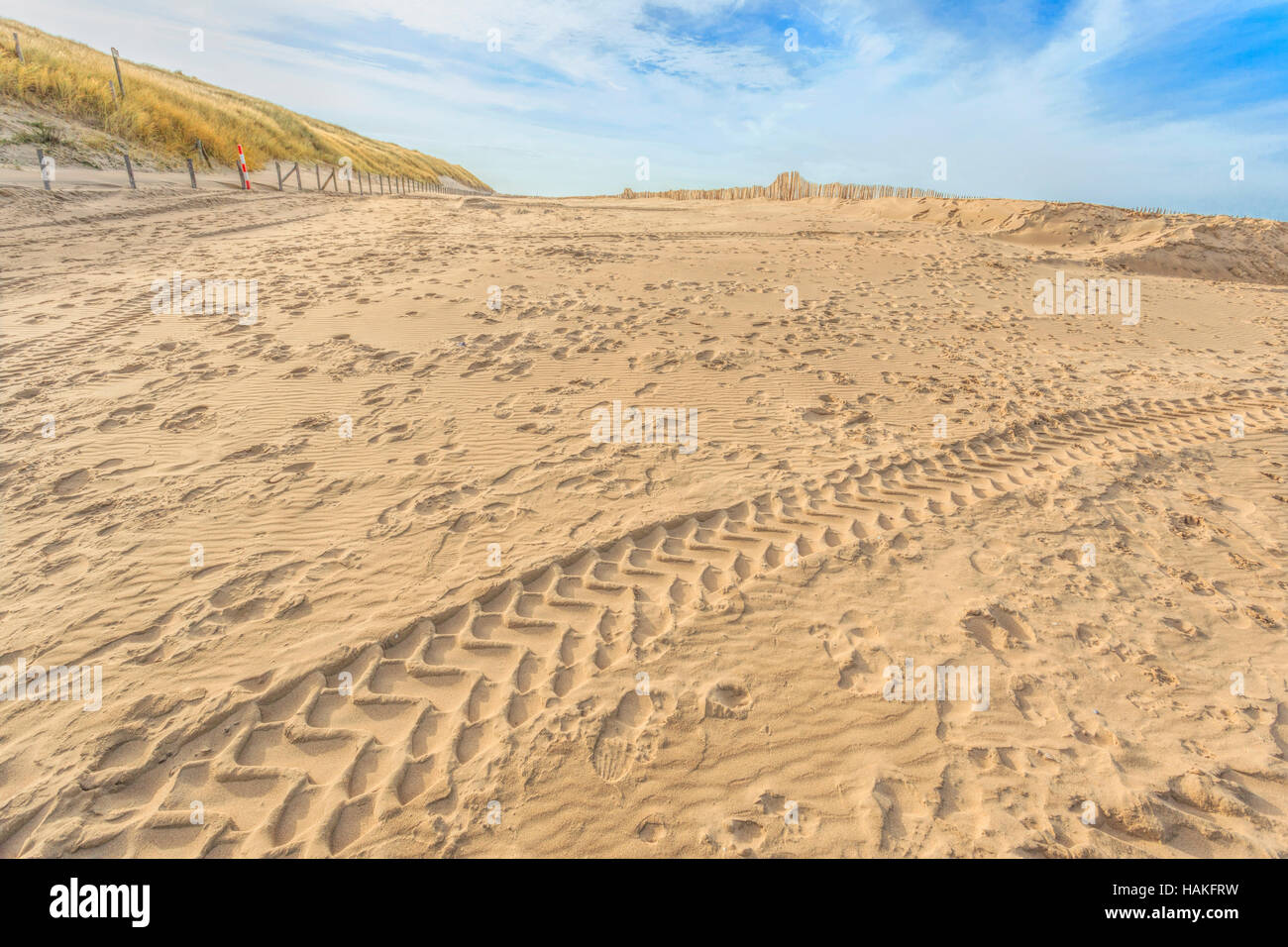 Tracce di pneumatici e impronte nella sabbia sulla spiaggia di Katwijk aan Zee, South Holland, Paesi Bassi. Foto Stock