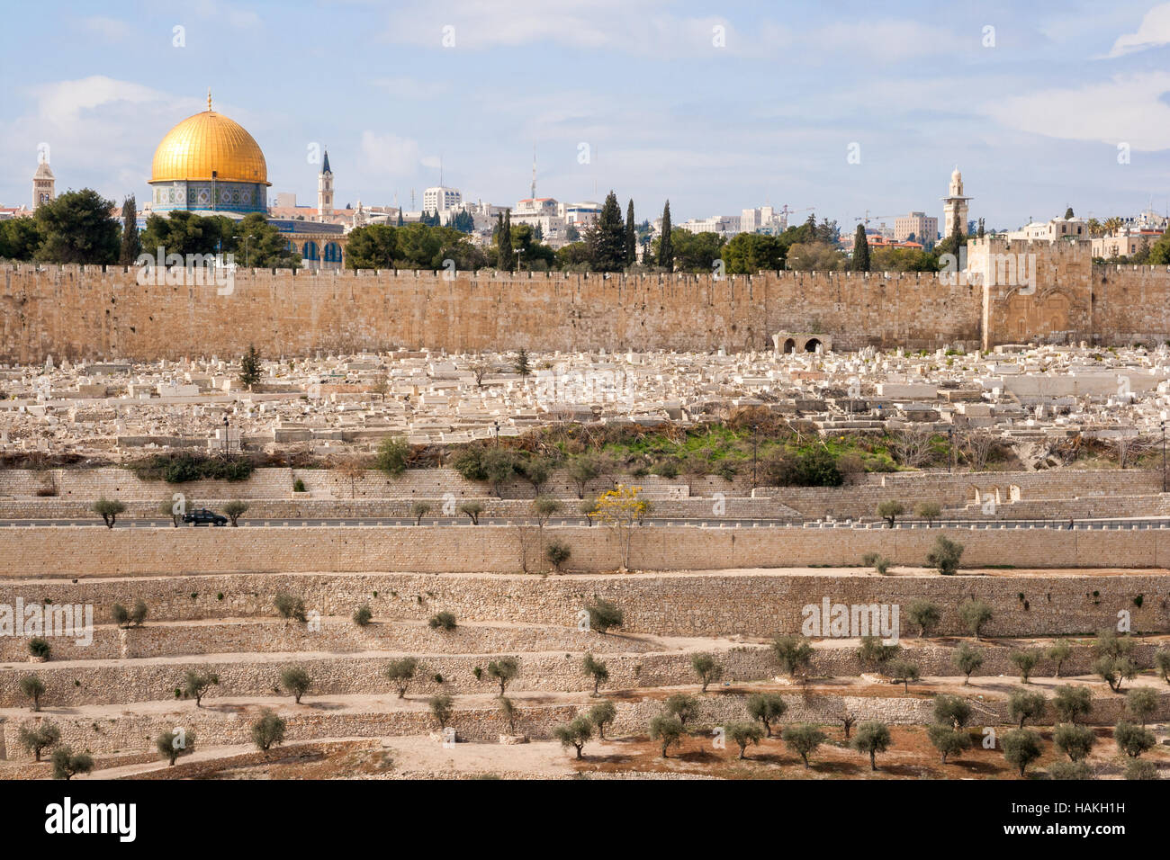 Vista su Gerusalemme con la Cupola della roccia dal Monte degli Ulivi. Foto Stock