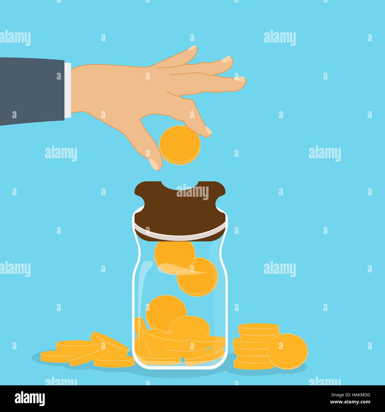 Salvadanaio con la caduta delle monete in oro - contributo al futuro. Illustrazione Vettoriale