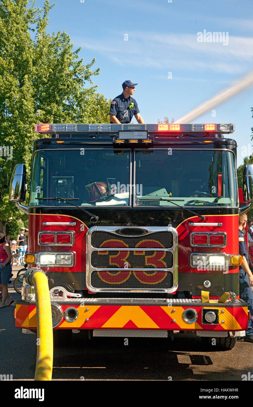 Motore Fire di dimostrazione nel parco, Luglio quarta, USA, 2016. Foto Stock