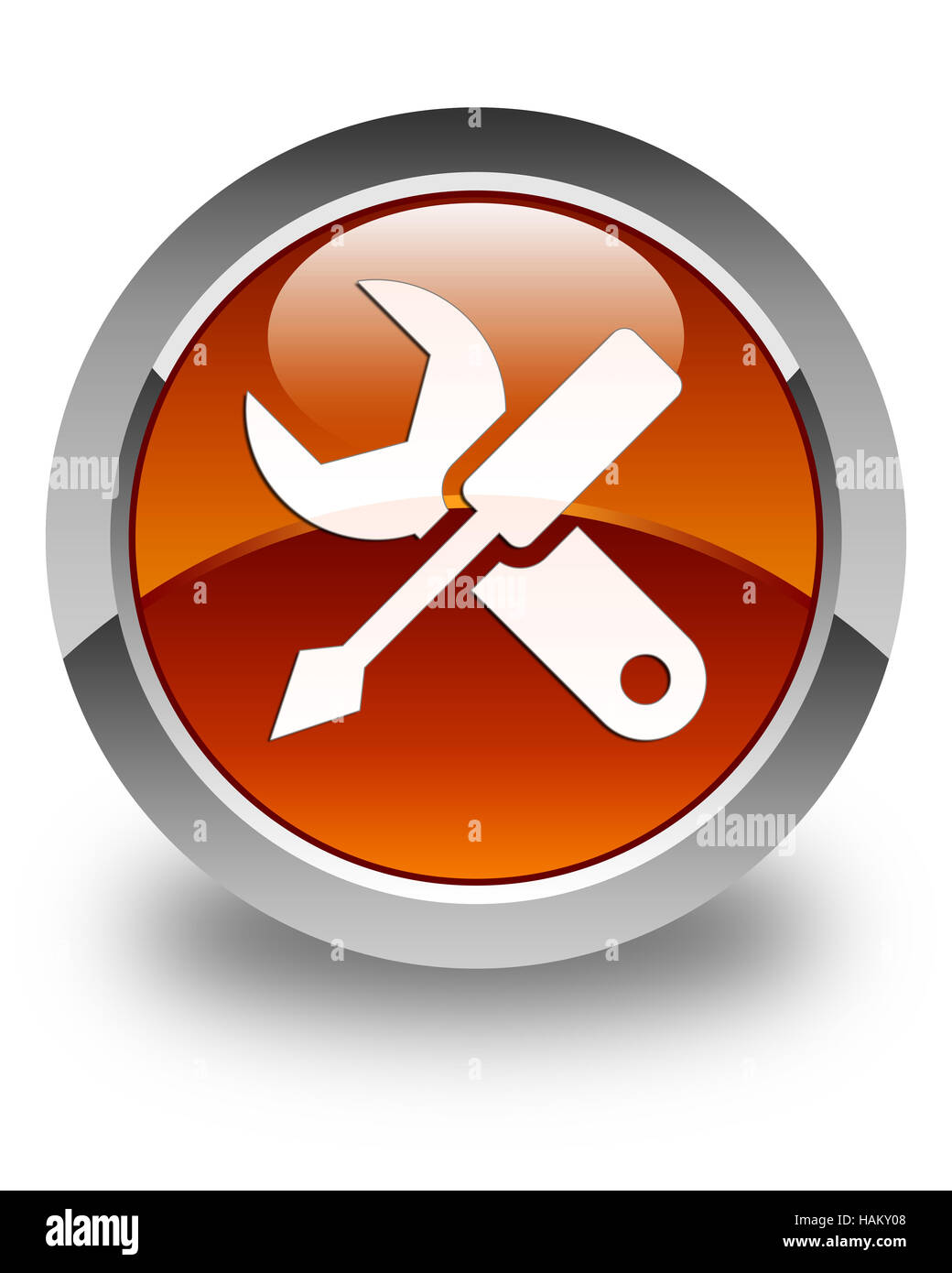 Icona impostazioni isolato sul marrone lucido pulsante rotondo illustrazione astratta Foto Stock