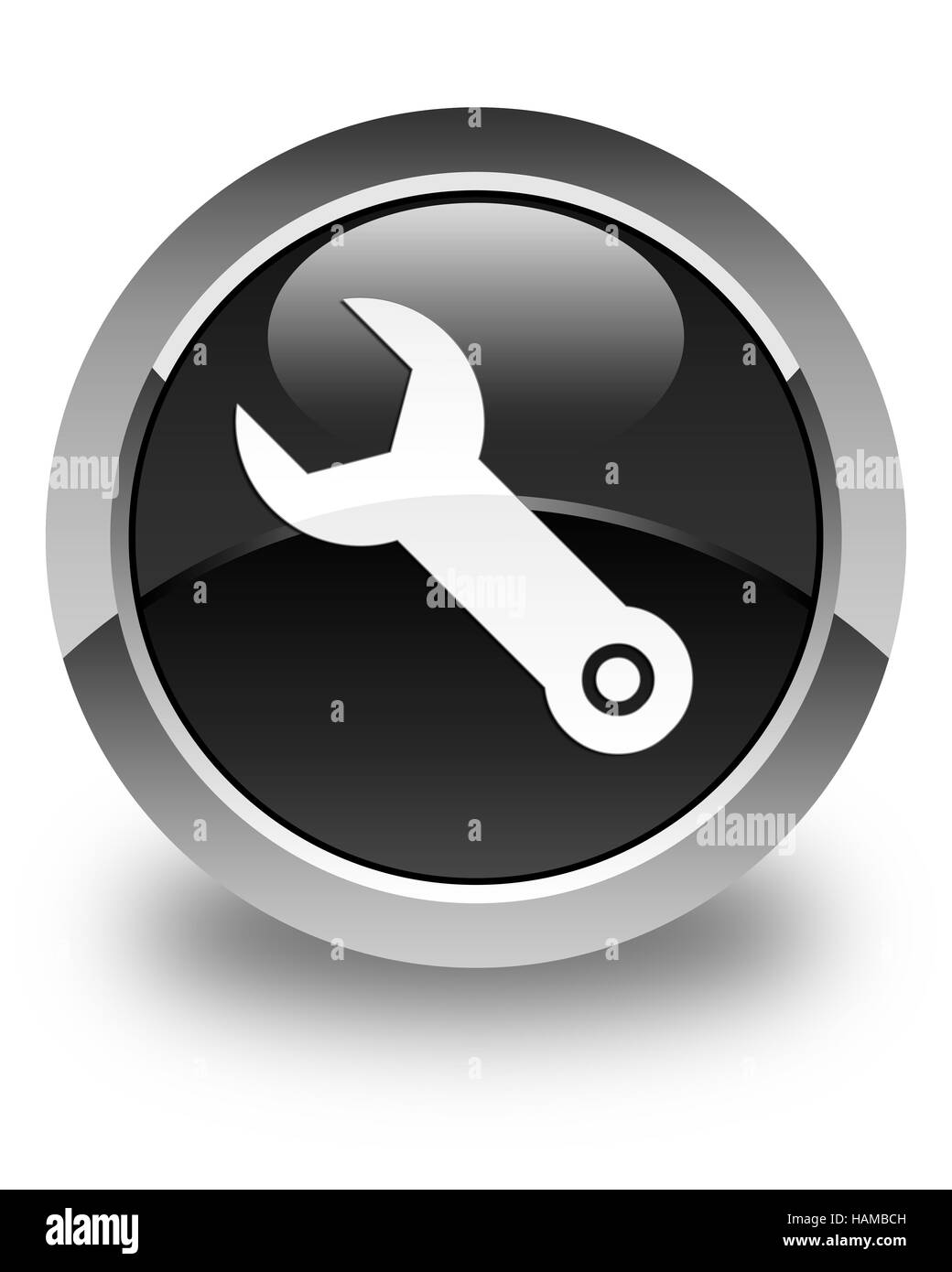 Icona a forma di chiave inglese isolato sul nero lucido pulsante rotondo illustrazione astratta Foto Stock