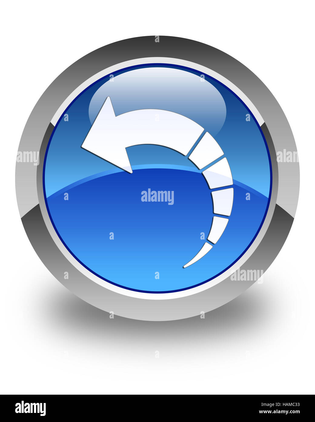 Icona freccia indietro isolati su blu lucido pulsante rotondo illustrazione astratta Foto Stock