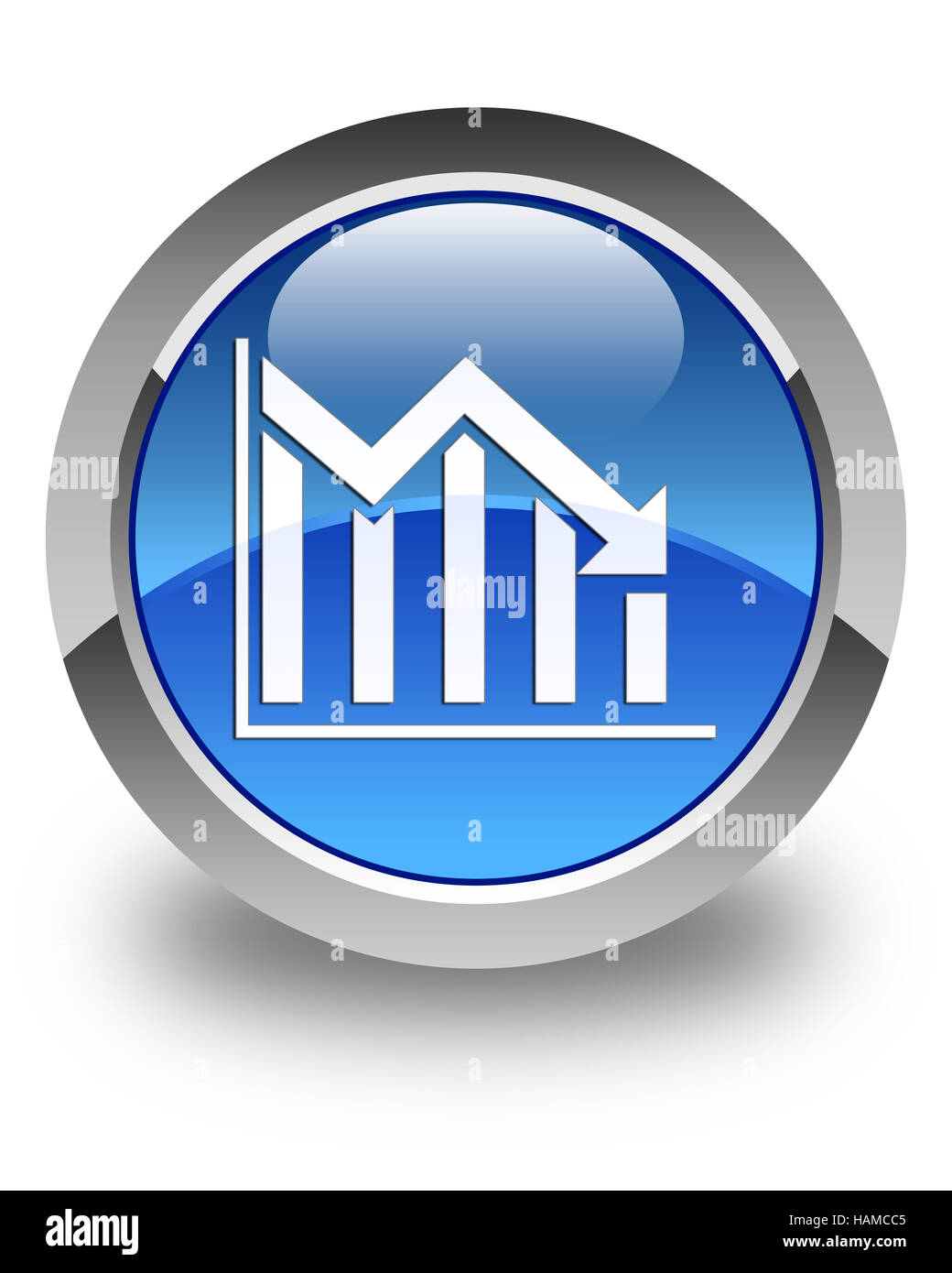 Statistiche icona giù isolati su blu lucido pulsante rotondo illustrazione astratta Foto Stock