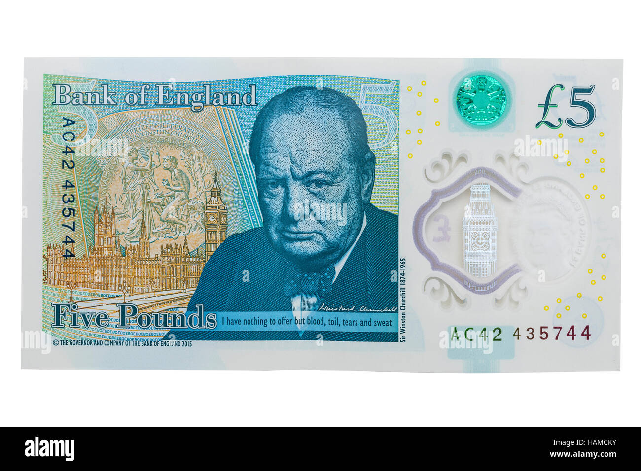 Una plastica nuovo £ 5 nota su sfondo bianco Foto Stock