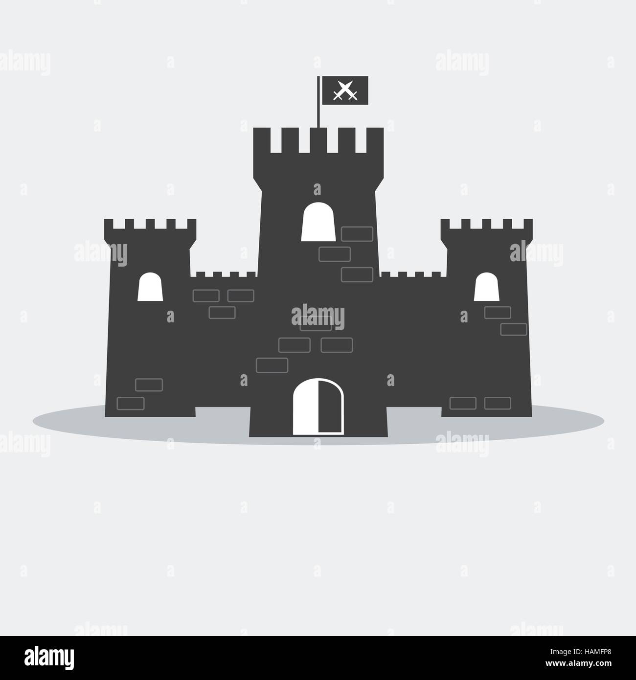 Mattone medievale castello con torri e bandiera. Illustrazione Vettoriale