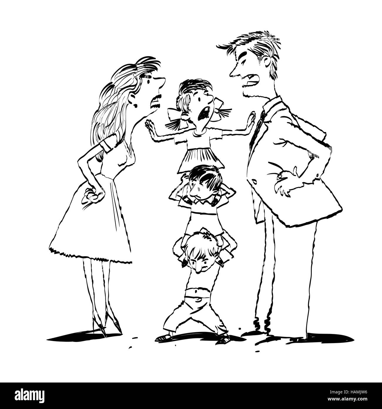 Litigare in famiglia, mamma e papà combattimenti, bambini calma Illustrazione Vettoriale