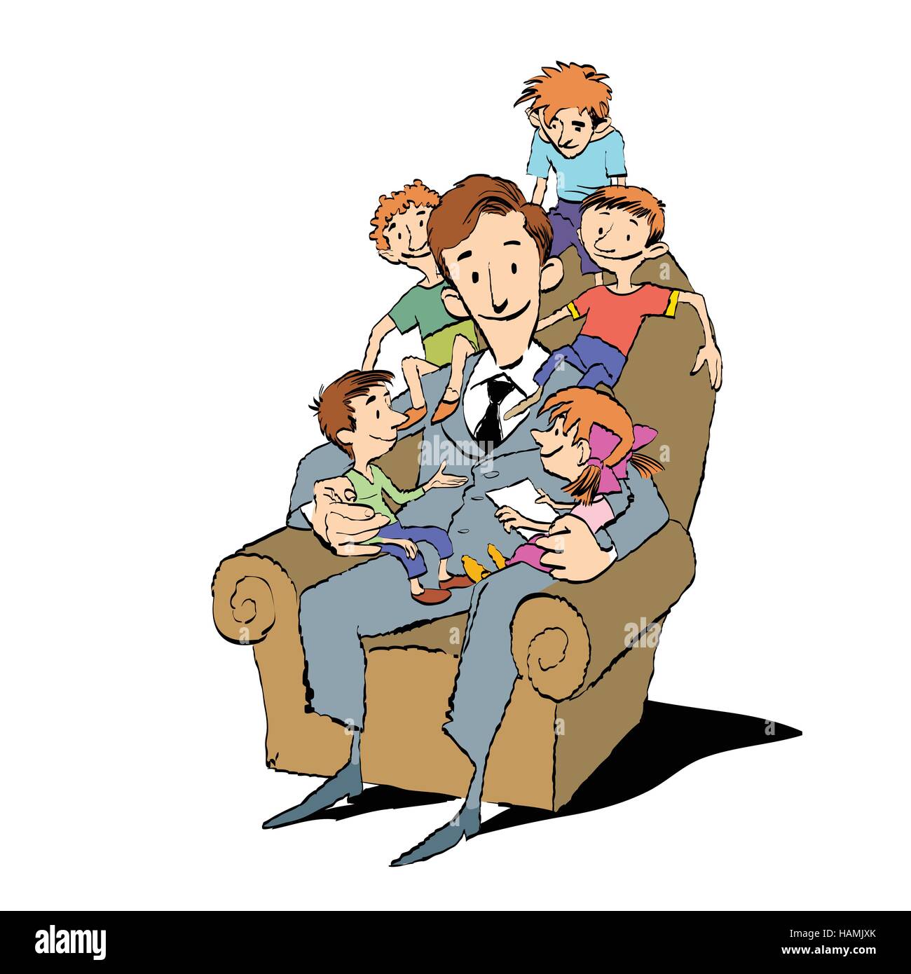 La grande famiglia, papà in una sedia con i bambini Illustrazione Vettoriale