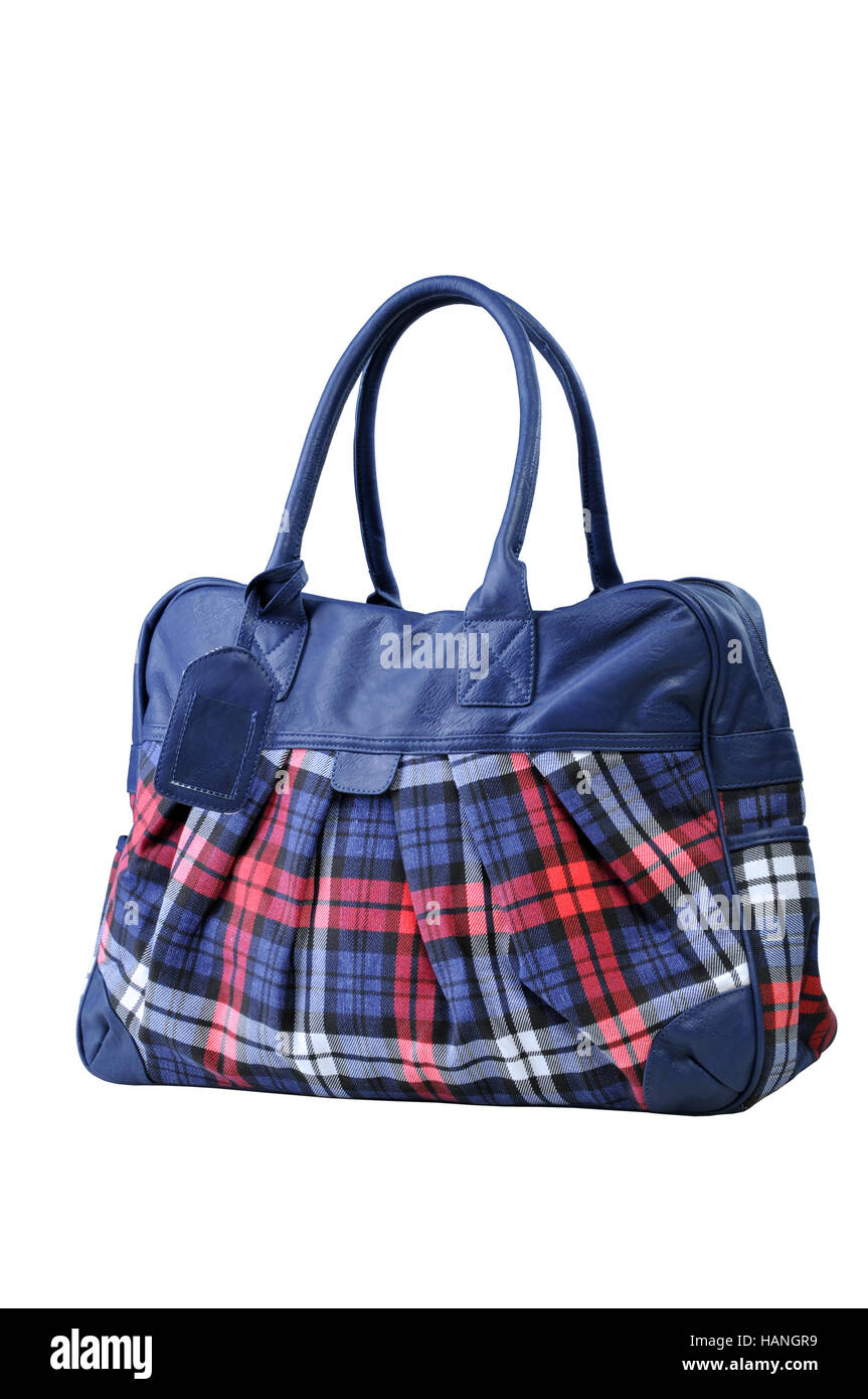Tessuto borsa a scacchi su sfondo bianco Foto Stock