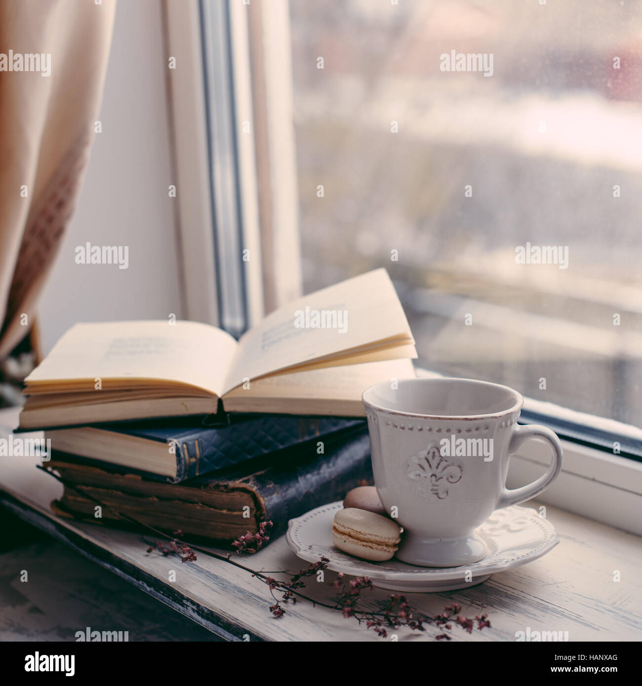 Accogliente winter ancora in vita: la tazza di caffè caldo e il libro aperto sul davanzale vintage contro la neve paesaggio dall'esterno. Foto Stock