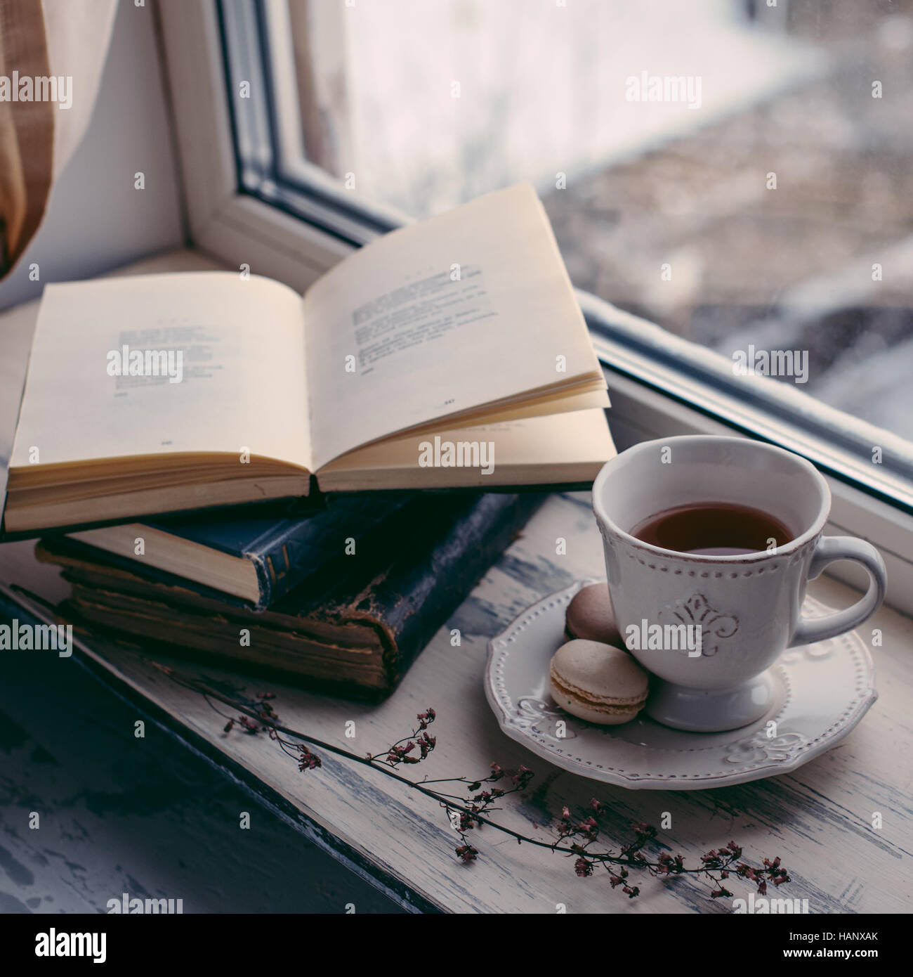 Accogliente winter ancora in vita: la tazza di caffè caldo e il libro aperto sul davanzale vintage contro la neve paesaggio dall'esterno. Foto Stock