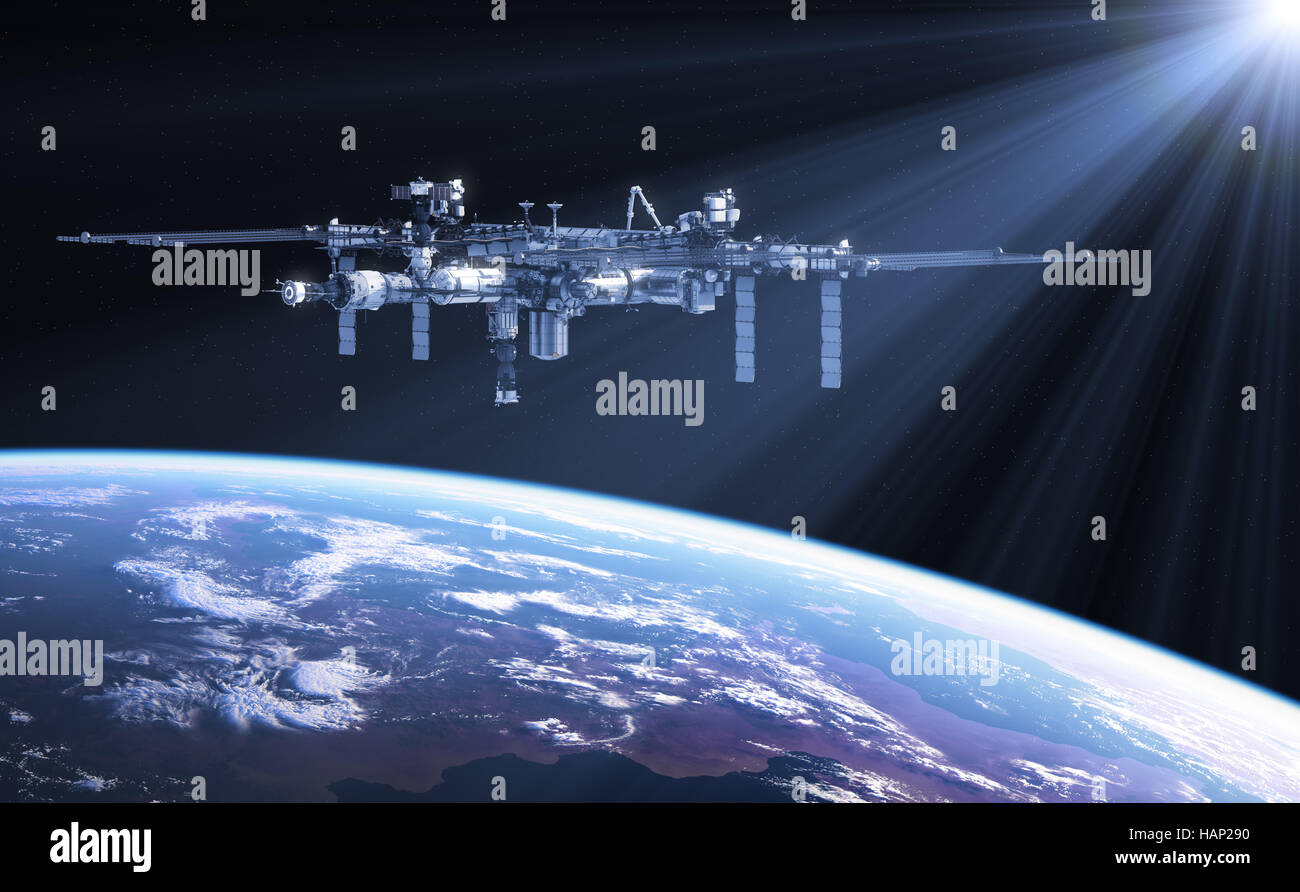 Stazione spaziale internazionale sotto i raggi del sole Foto Stock
