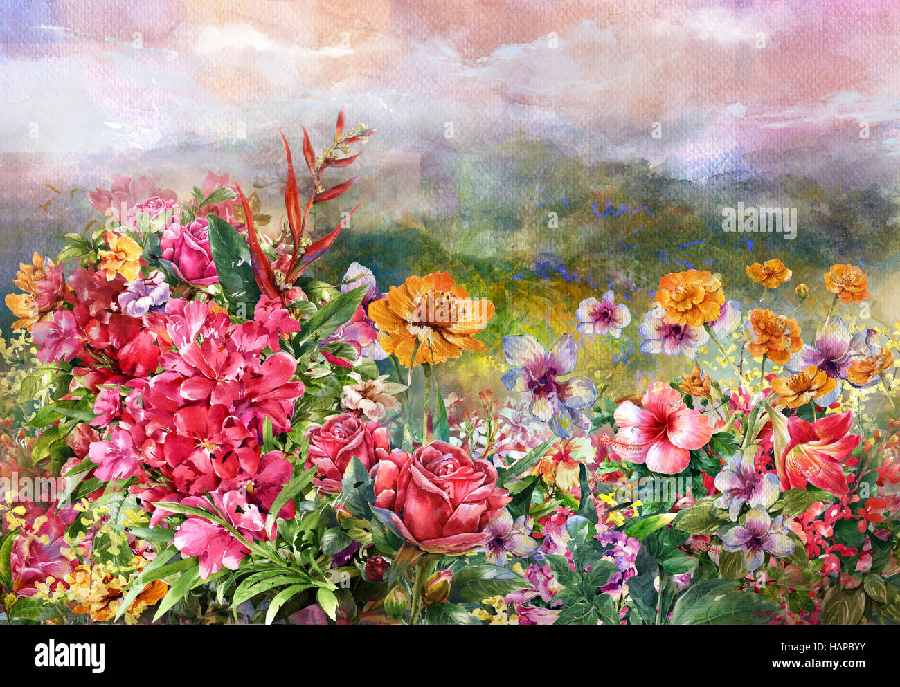Paesaggio di fiori multicolori pittura ad acquerello stile. Foto Stock