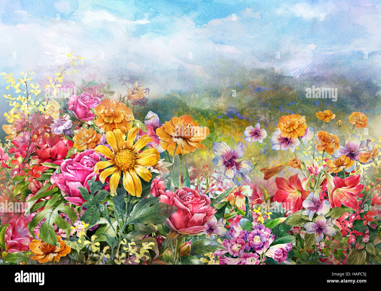 Paesaggio di fiori multicolori pittura ad acquerello style.la pittura digitale Foto Stock