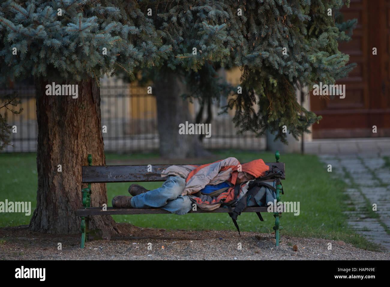Senzatetto dormire su un banco di lavoro entro i motivi della Basilica Eger Erlau o Egri Bazilika, Ungheria, Europa Foto Stock