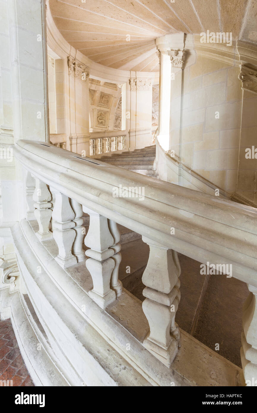 La bella muratura rinascimentale della doppia elica scala nel castello di Chambord. Foto Stock