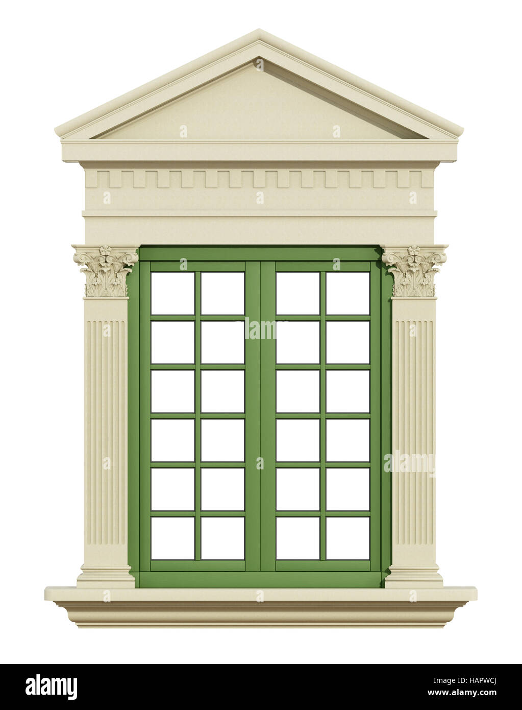 Vista frontale di un classico della finestra con colonne corinzie e timpano triangolare isolato su bianco - 3D Rendering Foto Stock