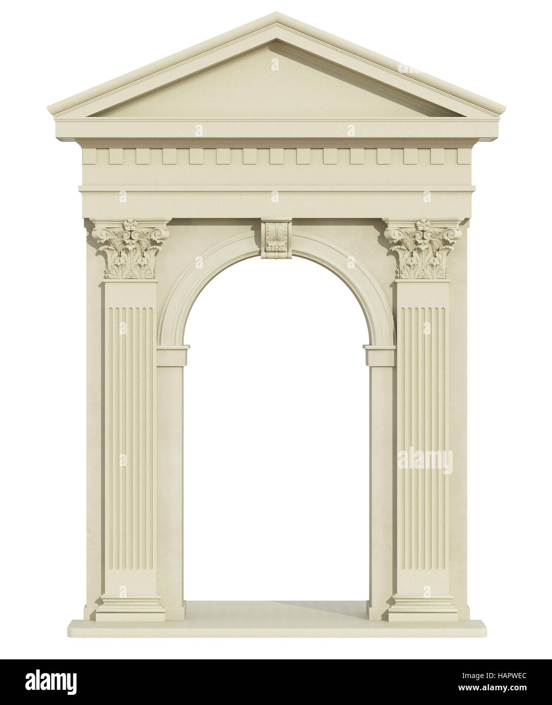 Vista frontale di un classico arco con colonne corinzie e timpano triangolare isolato su bianco - 3D Rendering Foto Stock