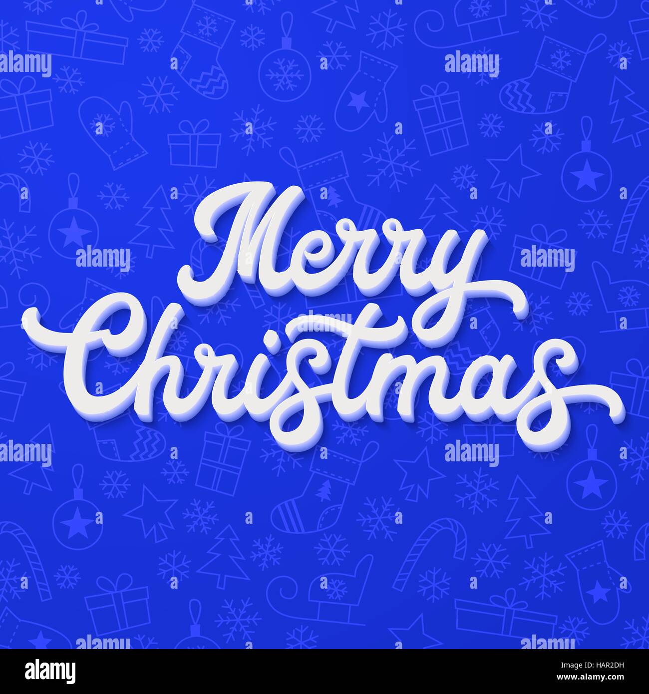 White 3d Xmas scritte blu su sfondo di Natale con slittini, alberi, sfere, doni. Decorazione per le stagioni greeting cards design. Font illustrazione vettoriale. Illustrazione Vettoriale