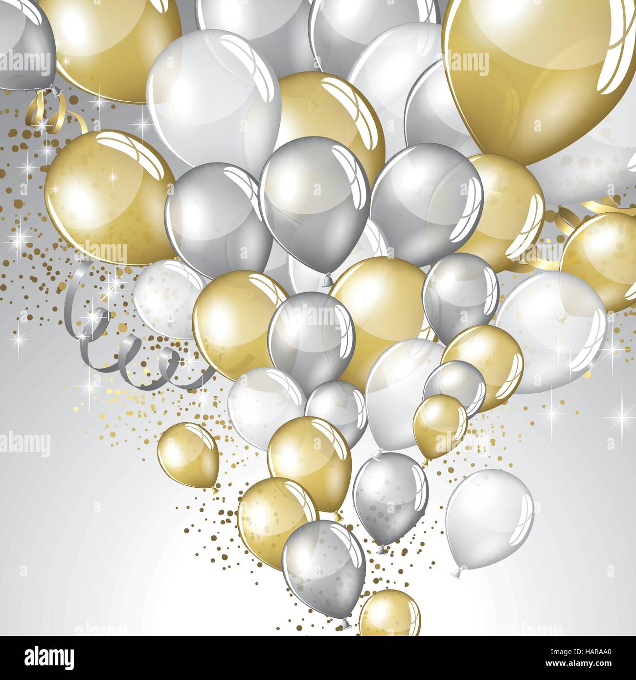 Argento e Oro palloncini e glitter sfondo festivo Illustrazione Vettoriale