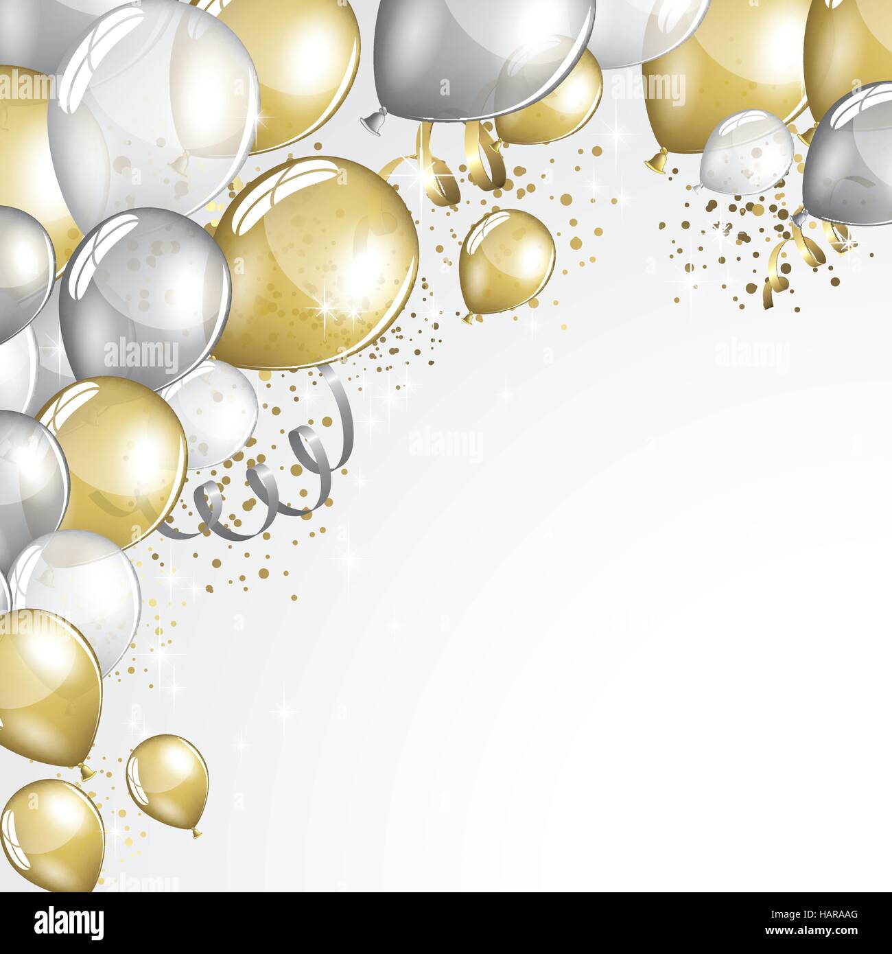 Argento e Oro palloncini e glitter sfondo festivo Illustrazione Vettoriale