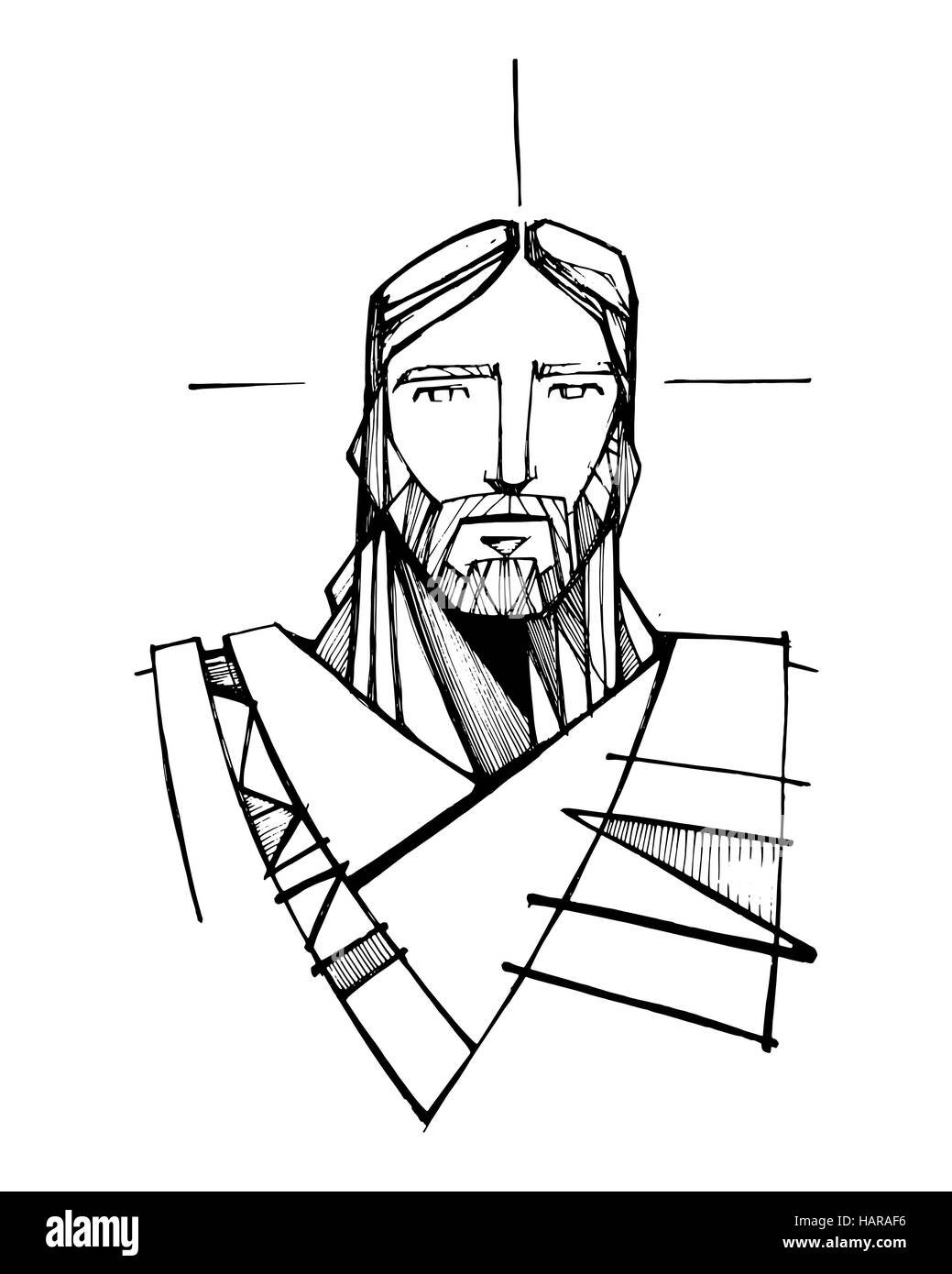 Disegnata a mano illustrazione vettoriale o di disegno di Gesù Cristo faccia Foto Stock