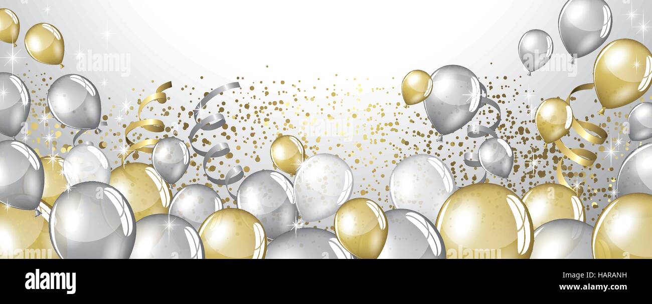 Argento e Oro palloncini e glitter banner di festa Illustrazione Vettoriale