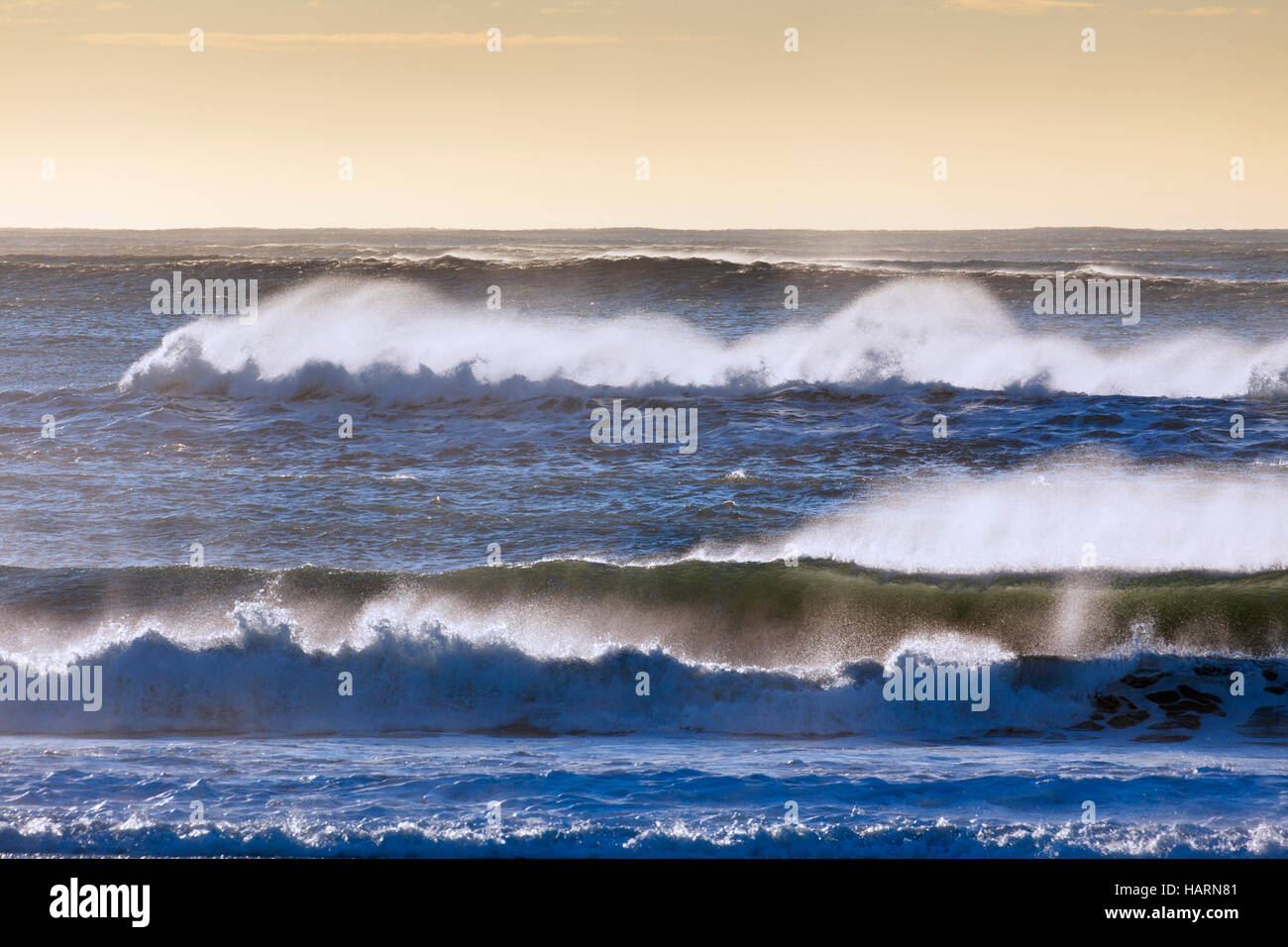 Le creste delle onde di frenatura al mare Artico mostra airborne spray e spindrift a causa di forti venti Foto Stock