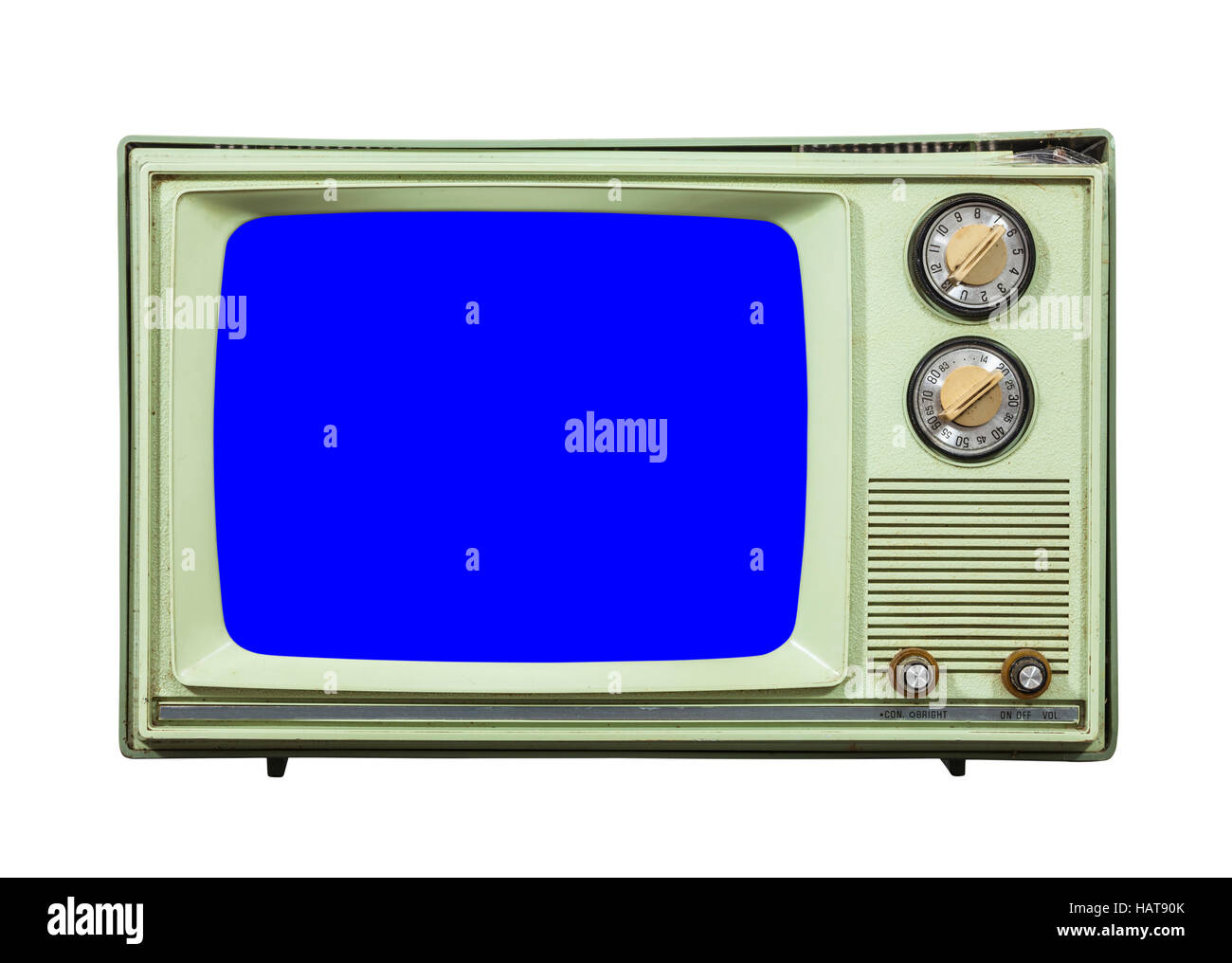 Grungy vendemmia verde televisore isolato con chroma key schermata blu. Foto Stock
