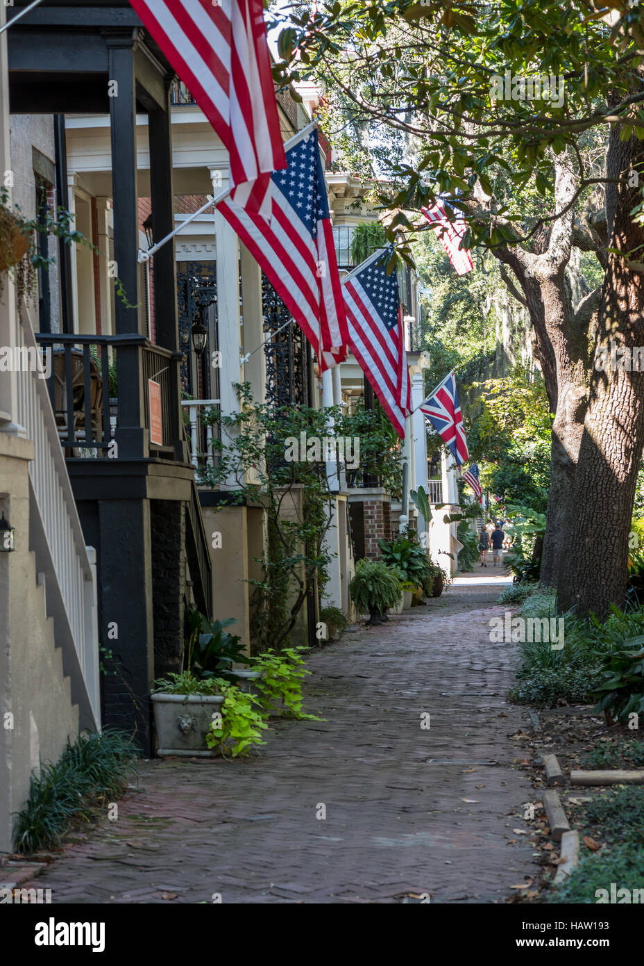 Bandiere su Jones Street a Savannah storico quartiere residenziale Foto Stock
